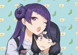Rule 34 | 2girls, black hair, commentary request, diagonal bangs, earrings, fang, food-themed hair ornament, fried egg, fukumaru koito, hair bun, hair ornament, hairclip, idolmaster, idolmaster shiny colors, jewelry, long hair, looking at viewer, low twintails, multiple girls, one eye closed, open mouth, poco (backboa), purple eyes, purple hair, skin fang, tanaka mamimi, tears, twintails, upper body