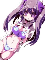 Rule 34 | 1girl, black hair, black thighhighs, bra, breasts, himekaidou hatate, large breasts, long hair, miuku (marine sapphire), open clothes, open shirt, panties, purple eyes, shirt, solo, thighhighs, touhou, twintails, underwear