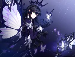 Rule 34 | 1boy, ahoge, ainchase ishmael, armor, black gloves, black hair, black halo, bug, butterfly, butterfly wings, cage, coat, cowboy shot, dark halo, elsword, empty eyes, expressionless, faulds, gloves, glowing butterfly, green eyes, hair between eyes, halo, hand up, highres, holding, holding staff, insect, insect wings, long hair, long sleeves, looking at viewer, looking to the side, male focus, official art, parted lips, purple background, purple coat, sleeve cuffs, solo, staff, standing, third-party source, wavy hair, white butterfly, wings