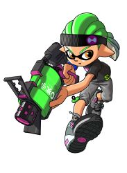 Rule 34 | .52 gal (splatoon), 1boy, black headband, black shirt, commentary request, cross-laced footwear, green hair, grey footwear, grey shorts, gun, headband, highres, holding, holding gun, holding weapon, inkling, inkling boy, inkling player character, nintendo, orange eyes, pointy ears, ponytail, shirt, shoes, short hair, shorts, simple background, solo, splatoon (series), splatoon 3, weapon, white background, xdies ds