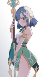 Rule 34 | blue hair, blush, braid, breasts, commentary request, covered erect nipples, dress, flower, green dress, hair flower, hair ornament, highres, holding, holding weapon, idolmaster, idolmaster million live!, kokkoro (princess connect!), looking at viewer, medium breasts, medium hair, nanao yuriko, nekono matatabi, no panties, pointy ears, short dress, single bare shoulder, smile, solo, split mouth, staff, thighs, weapon, yellow eyes