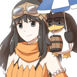 Rule 34 | 1girl, alternate color, barrel, black eyes, black hair, bra strap, breasts, cleavage, closed mouth, commentary request, drinking straw, elbow gloves, frilled gloves, frills, galapago (ragnarok online), galapagos penguin, gloves, goggles, goggles on head, long hair, looking at viewer, medium breasts, natsuya (kuttuki), orange gloves, orange scarf, orange tube top, ragnarok online, ranger (ragnarok online), scarf, simple background, smile, strapless, sunglasses, tube top, umbrella, upper body, white background