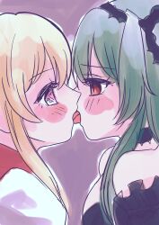 Rule 34 | absurdres, bad id, bare shoulders, blonde hair, blush, breasts, chaos aurora (grimms notes), chaos marie (grimms notes), eye contact, french kiss, green hair, grimms notes, hairband, heart, heart-shaped pupils, highres, kiss, long hair, looking at another, medium breasts, otofu omiso08, pink eyes, puffy sleeves, purple background, red eyes, sketch, symbol-shaped pupils, upper body, yuri