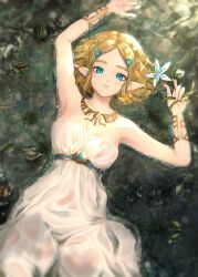 Rule 34 | 1girl, absurdres, aqua eyes, armlet, armpits, blonde hair, breasts, commentary, dress, flower, from above, hair ornament, hairclip, highres, holding, holding flower, jewelry, looking at viewer, lying, medium breasts, necklace, nelly (altsarespicy), nintendo, official alternate costume, on back, parted bangs, parted lips, partially submerged, pointy ears, princess zelda, short hair, solo, strapless, strapless dress, the legend of zelda, the legend of zelda: tears of the kingdom, wet, wet clothes, wet dress, white dress
