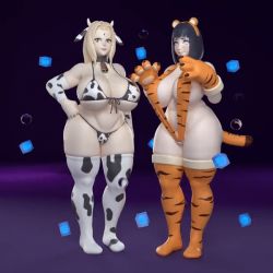 Rule 34 | 2girls, 3d, animal print, animated, animated gif, artist request, ass, bathroom, black hair, blonde hair, blush, breasts, cow print, cow tail, fake tail, forehead jewel, huge breasts, hyuuga hinata, long hair, looking at viewer, multiple girls, naruto (series), nude, open mouth, smile, tail, tiger print, tiger tail, tsunade (naruto)