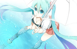 Rule 34 | 1girl, aqua eyes, aqua hair, bent over, boots, downblouse, hatsune miku, highres, jewelry, leaning forward, long hair, necklace, over-kneehighs, polka dot, polka dot legwear, puddle, ripples, rkp, rubber boots, skirt, solo, thighhighs, transparent, transparent umbrella, twintails, umbrella, very long hair, vocaloid