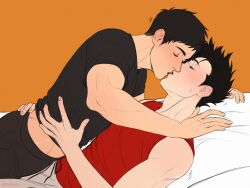 Rule 34 | 2boys, arm support, bed, black hair, black pants, black shirt, blush, brown eyes, closed eyes, closed mouth, couple, cowboy shot, grey pants, haikyuu!!, hands on another&#039;s waist, highres, kiss, kuroo tetsurou, leaning on person, looking at another, lying, male focus, midriff peek, multiple boys, on back, on bed, orange background, pants, parted lips, red shirt, riffraffhellyea, sawamura daichi, shirt, short hair, sleeveless, sleeveless shirt, smile, sweatpants, t-shirt, toned, toned male, upper body, yaoi