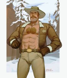 Rule 34 | 1boy, abs, bara, bare pectorals, belt, belt buckle, brown belt, brown gloves, brown hat, brown jacket, brown pants, buckle, chest hair, citrus0lemon, cowboy shot, facial hair, gloves, hat, highres, jacket, large pectorals, male focus, mature male, mountain, muscular, muscular male, mustache, navel hair, open clothes, open jacket, pants, pectorals, pine tree, saxton hale, sideburns, snow, snow on tree, solo, team fortress 2, thick mustache, tree, winter