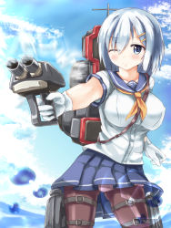 Rule 34 | 10s, 1girl, black pantyhose, blue eyes, breasts, cannon, cloud, day, eyes visible through hair, fuyuki8208, gloves, hair ornament, hair over one eye, hairclip, hamakaze (kancolle), highres, kantai collection, large breasts, machinery, neckerchief, ocean, one eye closed, orange neckerchief, panties, panties under pantyhose, pantyhose, pleated skirt, school uniform, serafuku, short hair, silver hair, skirt, sky, solo, torpedo, turret, underwear, water, white gloves
