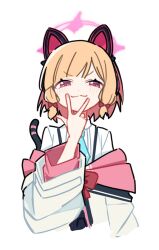 Rule 34 | 1girl, animal ear headphones, animal ears, black dog (ckdfhd), blonde hair, blue archive, blue necktie, blush, closed mouth, collared shirt, fake animal ears, halo, headphones, jacket, momoi (blue archive), necktie, pink halo, red eyes, shirt, short hair, simple background, smile, solo, upper body, v, white background, white jacket, white shirt