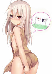 Rule 34 | 1girl, alternate costume, blush, closed mouth, covering ass, covering privates, embarrassed, fate/kaleid liner prisma illya, fate (series), hair between eyes, highres, illyasviel von einzbern, light brown hair, long hair, no bra, rags, red eyes, sen (astronomy), simple background, slave clothes, solo, white background