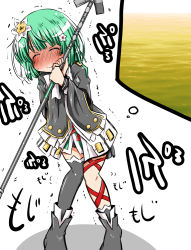 Rule 34 | 1girl, artist request, black footwear, black thighhighs, blush, closed eyes, female focus, flower, full body, green hair, hair flower, hair ornament, hands up, have to pee, holding, holding weapon, knees together feet apart, long sleeves, magia record: mahou shoujo madoka magica gaiden, mahou shoujo madoka magica, natsume kako, own hands together, red ribbon, ribbon, shoes, short hair, simple background, single thighhigh, socks, solo, staff, standing, tears, text focus, thighhighs, translation request, trembling, urine meter, wavy mouth, weapon, white background, white flower