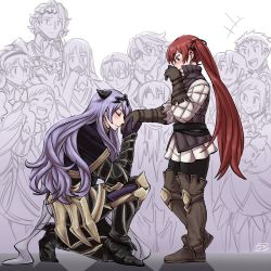 Rule 34 | 2girls, armor, blush, boots, camilla (fire emblem), closed eyes, dlanon, fire emblem, fire emblem fates, from side, gloves, holding hands, knee boots, kneeling, leather, leather gloves, long hair, long sleeves, looking at another, looking down, multiple girls, nintendo, on one knee, profile, purple hair, red hair, selena (fire emblem fates), severa (fire emblem), smile, smlc, standing, twintails, very long hair, yuri