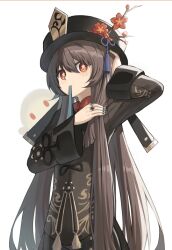 Rule 34 | 1319862936, 1girl, adjusting hair, black coat, black hat, black nails, brown hair, chinese clothes, coat, commentary, flower, flower-shaped pupils, genshin impact, ghost, hat, hat flower, hu tao (genshin impact), long hair, mouth hold, plum blossoms, porkpie hat, red eyes, simple background, solo, symbol-shaped pupils, upper body, white background