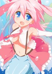 Rule 34 | 10s, 1girl, 9law, :d, bad id, bad pixiv id, bermuda princess lena, bermuda triangle, blue eyes, blush, breasts, cardfight!! vanguard, elbow gloves, gloves, large breasts, long hair, looking at viewer, mermaid, monster girl, navel, necktie, open mouth, pink hair, skirt, smile, solo, suspenders, twintails, underboob, white gloves