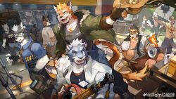 Rule 34 | 6+boys, :d, absurdres, alca (wakatanka4), alca the lion, alternate costume, alternate universe, animal ears, artist request, bara, beard, beenic, commission, cowboy hat, cowboy western, director, director&#039;s chair, dog boy, dog ears, earrings, facial hair, furry, furry male, grey fur, hand on another&#039;s shoulder, hand on own chin, hat, headphones, highres, id card, jacket, jaguar boy, jewelry, jumping, large pectorals, lion boy, lion ears, lion tail, male focus, mature male, multiple boys, muscular, muscular male, open clothes, open jacket, open mouth, original, pectorals, romg, romg the jaguar, romg the tiger, second-party source, short hair, shorts, smile, smirk, speaker, stage, stage lights, stroking beard, stroking own chin, sunglasses, tail, tail ornament, tail ring, thick eyebrows, tiger boy, uutiger, weibo logo, weibo watermark