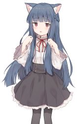 Rule 34 | 1girl, :o, animal ear fluff, animal ears, black pantyhose, black skirt, blue hair, blunt bangs, blunt ends, braid, cat ears, dark blue hair, fang, feet out of frame, french braid, frilled shirt collar, frilled sleeves, frills, hair over shoulder, hands up, high-waist skirt, high collar, highres, idolmaster, idolmaster cinderella girls, jitome, kemonomimi mode, light blush, long hair, long sleeves, looking at viewer, neck ribbon, pantyhose, parted lips, paw pose, petticoat, pleated skirt, red eyes, red ribbon, ribbon, sajo yukimi, shirt, shirt tucked in, shone, simple background, skirt, solo, standing, very long hair, white background, white shirt, wide sleeves