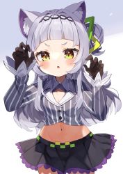 Rule 34 | 1girl, absurdres, animal ear fluff, animal ears, black skirt, blush, breasts, brown eyes, brown gloves, cat ears, child, commentary, cowboy shot, gloves, grey shirt, hair bun, hair ornament, highres, hololive, long hair, long sleeves, looking at viewer, midriff, murasaki shion, murasaki shion (1st costume), navel, noi mine, parted lips, shirt, short eyebrows, side bun, silver hair, simple background, single hair bun, single side bun, skirt, small breasts, solo, standing, striped clothes, striped shirt, v-shaped eyebrows, vertical-striped clothes, vertical-striped shirt, virtual youtuber, white background