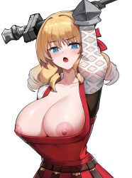 Rule 34 | 1girl, absurdres, arm up, blonde hair, blue eyes, blush, breasts, collarbone, dishui tangni, dress, drill hair, hair intakes, highres, holding, holding staff, holding weapon, large breasts, long hair, looking at viewer, nipple slip, nipples, open mouth, puffy nipples, red dress, scarlett (unicorn overlord), shiny skin, solo, staff, unicorn overlord, upper body, weapon, white background