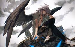 Rule 34 | 1boy, absurdres, black wings, blue petals, cloud, crossed legs, day, grey hair, hand on own face, highres, long hair, male focus, millennium ring, open clothes, open shirt, outdoors, red eyes, sitting, solo, spiked hair, wings, xiao (creation0528), yami bakura, yu-gi-oh!, yu-gi-oh! duel monsters