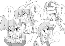 Rule 34 | 1girl, :p, blush, closed eyes, cum, facial, full-face blush, greyscale, head tilt, highres, hinokara (backfire02), ikamusume, long hair, monochrome, sexually suggestive, shinryaku! ikamusume, simple background, solo, solo focus, suggestive fluid, tongue, tongue out, translation request, upper body, white background, wince