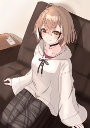 Rule 34 | 1girl, ahoge, black choker, bow, bowtie, braid, braided bangs, brown eyes, brown hair, brown hoodie, brown skirt, cellphone, choker, couch, crossed bangs, friend (nanashi mumei), hat, highres, hololive, hololive english, hood, hoodie, jewelry, long skirt, looking at viewer, multicolored hair, nanashi mumei, nanashi mumei (casual), naqkir725, necklace, official alternate costume, official alternate hairstyle, oversized clothes, phone, plaid, plaid skirt, pleated skirt, red shirt, shirt, short hair, sitting, skirt, sleeves past wrists, smartphone, smile, streaked hair, sweater, top hat, virtual youtuber, white sweater, wide sleeves
