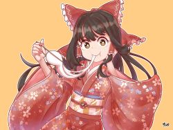 Rule 34 | 1girl, :t, alternate costume, arms up, artist name, black hair, bow, bright pupils, brown eyes, cherry blossom print, chopsticks, commentary request, cowboy shot, eating, floral print, food, food in mouth, furisode, hair bow, hair tubes, hakurei reimu, hand on own face, highres, holding, holding chopsticks, japanese clothes, kimono, leaning to the side, long hair, looking at viewer, mochi, obi, orange background, outline, partial commentary, print kimono, sash, sidelocks, simple background, solo, standing, touhou, very long hair, white pupils, zanasta0810