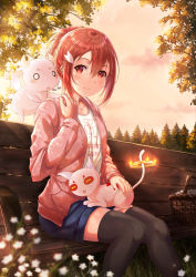 Rule 34 | 1girl, :3, :d, absurdres, bench, black thighhighs, blue shorts, blurry, blush, cat, closed mouth, clothes writing, cloud, collarbone, commentary, depth of field, drawstring, english commentary, fire, flower, gyuuki (yuyuyu), hair between eyes, hair ornament, head tilt, highres, hood, hoodie, itaro, kasha (yuyuyu), looking at viewer, o o, open clothes, open hoodie, open mouth, outdoors, petting, picnic basket, pink cat, pink hoodie, ponytail, red eyes, red hair, shirt, short hair, shorts, sitting, sky, smile, sunrise, sunset, thighhighs, tree, white shirt, yuuki yuuna, yuuki yuuna wa yuusha de aru, yuusha de aru