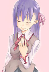 Rule 34 | 00s, 1girl, bad anatomy, breasts, closed eyes, fate/stay night, fate (series), hand on own chest, homurahara academy school uniform, long hair, long sleeves, matou sakura, medium breasts, mikage sekizai, neck ribbon, one side up, poorly drawn, purple hair, ribbon, school uniform, shirt, smile, solo, standing, vest