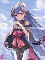 1girl azusa_(vtuber) azusa_official bare_shoulders blue_hair blue_sky bow breasts brown_eyes cleavage closed_mouth cloud cowboy_shot flower fox_mask hair_flower hair_ornament long_hair looking_at_viewer mask mask_on_head medium_breasts nijisanji outdoors pantyhose petals sash skirt sky smile solo standing very_long_hair virtual_youtuber virtuareal weibo_6113163707 wide_sleeves yellow_eyes