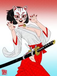 Rule 34 | 1girl, :d, absurdres, bell, black hair, breasts, brown eyes, choker, fang, fox mask, gradient background, hakama, highres, japanese clothes, katana, looking at viewer, mask, neck bell, open mouth, original, red nails, sei5osuzuki, sheath, sheathed, short hair, smile, solo, sword, teeth, weapon