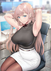 Rule 34 | 1girl, armpits, belt, blue eyes, blush, brown hair, brown pantyhose, chair, commentary request, computer, covered navel, gentsuki, highres, laptop, long hair, looking at viewer, office, office lady, original, pantyhose, pencil skirt, sitting, skirt, sleeveless, smile, solo