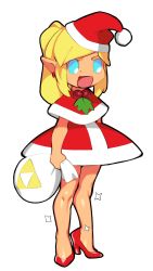 Rule 34 | 1girl, absurdres, bare arms, bare legs, blonde hair, blue eyes, capelet, chibi, christmas, combos &amp; doodles, commentary, crossdressing, dress, earrings, english commentary, flat chest, full body, fur-trimmed capelet, fur-trimmed dress, fur trim, hat, high heels, highres, holding, holding sack, holly, jewelry, legs, long hair, long legs, male focus, meme, nintendo, no nose, no socks, open mouth, padoru (meme), pointy ears, ponytail, princess zelda, pumps, red capelet, red dress, red footwear, red hat, sack, santa dress, santa hat, simple background, solo, sparkle, standing, the legend of zelda, triforce, white background