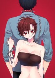 Rule 34 | 1boy, 1girl, absurdres, back-to-back, black hair, blue shirt, breasts, brown hair, chain, city hunter, cleavage, collarbone, grin, head tilt, highres, holding, large breasts, long sleeves, looking at viewer, makimura kaori, navel, ramazu, red background, red eyes, saeba ryou, shirt, short hair, simple background, smile, strapless, tube top