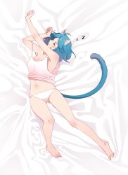 Rule 34 | 1girl, animal ears, arknights, avi (baltika seven), barefoot, blue hair, blush, breasts, cat ears, cat girl, cat tail, cleavage, closed eyes, feet, highres, legs, lying, monique (arknights), navel, on back, panties, shirt, short hair, small breasts, solo, strap slip, stretching, tail, toenails, toes, underwear, white panties, white shirt, zzz