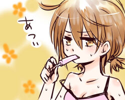 Rule 34 | 1girl, bare arms, bare shoulders, breasts, brown eyes, brown hair, cleavage, commentary request, food, hair between eyes, hand up, holding, holding food, holding popsicle, hot, i.u.y, light blush, medium breasts, medium hair, misaka worst, orange background, pink tank top, popsicle, profile, solo, sweat, tank top, toaru majutsu no index, translation request