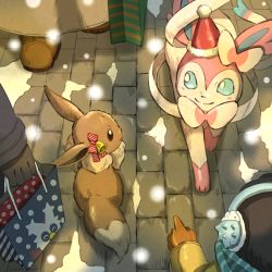 Rule 34 | bag, bell, black gloves, black hair, blue eyes, bow, brick floor, brown eyes, child, closed mouth, commentary request, creatures (company), delibird, earmuffs, eevee, from above, game freak, gen 1 pokemon, gen 2 pokemon, gen 6 pokemon, gen 8 pokemon, gloves, hat, holding, holding bag, long sleeves, looking at another, matsuri (matsuike), nintendo, orange gloves, outdoors, people, pointing, pokemon, pokemon (creature), santa hat, shopping bag, smile, snom, snow, snowing, striped, striped bow, sylveon, winter