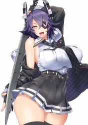Rule 34 | &gt;:d, 1girl, bare shoulders, black gloves, black thighhighs, breast pocket, breasts, checkered clothes, checkered necktie, checkered neckwear, commentary request, covered navel, cowboy shot, curvy, eyepatch, fingerless gloves, fur-trimmed jacket, fur trim, gloves, huge breasts, jacket, kantai collection, long sleeves, looking at viewer, narrow waist, necktie, off shoulder, open mouth, pocket, purple hair, short hair, simple background, smile, solo, sword, tenryuu (kancolle), tenryuu kai ni (kancolle), thick thighs, thighhighs, thighs, ueda torini, v-shaped eyebrows, weapon, white background, wide hips, yellow eyes, zettai ryouiki