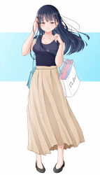 Rule 34 | 1girl, absurdres, bag, black footwear, blue background, blue hair, blue shirt, boku no kokoro no yabai yatsu, breasts, cleavage, closed mouth, collarbone, dark blue hair, full body, hand in own hair, hand up, handbag, highres, long hair, looking at viewer, medium breasts, mole, mole on neck, multiple moles, pleated skirt, sacra (sacrabokuyaba), shirt, shoes, skirt, solo, standing, two-tone background, white background, white skirt, yamada anna