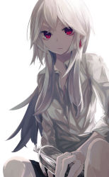 Rule 34 | 1girl, black shorts, bottle, collared shirt, earrings, grey shirt, highres, holding, holding bottle, jewelry, long hair, long sleeves, looking at viewer, ogami ren, original, parted lips, red eyes, shirt, short shorts, shorts, simple background, sitting, sleeves rolled up, solo, water bottle, white background, white hair