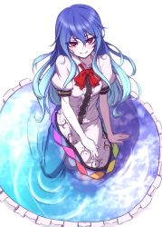 Rule 34 | 1girl, bare arms, blue hair, blue skirt, bow, bowtie, center frills, closed mouth, commentary request, frills, from above, gradient hair, hair between eyes, highres, hinanawi tenshi, long hair, looking at viewer, miata (miata8674), multicolored hair, pale skin, puffy short sleeves, puffy sleeves, red bow, red bowtie, red eyes, short sleeves, simple background, sitting, skirt, smile, solo, touhou, wavy hair, white background