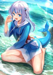 Rule 34 | 1girl, absurdres, blue jacket, blunt bangs, fins, fish tail, gawr gura, gawr gura (1st costume), highres, hololive, hololive english, jacket, looking at viewer, maeshimashi, open mouth, shark tail, sharp teeth, solo, tail, teeth, thighs, virtual youtuber, wet