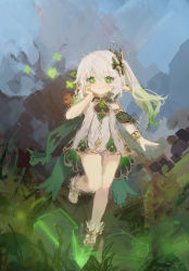 Rule 34 | 1girl, abstract, anklet, boots, bracelet, bug, butterfly, closed mouth, detached sleeves, dress, genshin impact, gold trim, grass, green eyes, green hair, hair ornament, highres, insect, jewelry, leaf hair ornament, looking at viewer, multicolored hair, nahida (genshin impact), outdoors, pointy ears, reddizen, ruin guard (genshin impact), short sleeves, smile, solo, standing, standing on one leg, stirrup footwear, streaked hair, white dress, white footwear, white hair