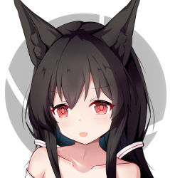 Rule 34 | 1girl, :d, alice mana, alice mana channel, animal ear fluff, animal ears, bare shoulders, black hair, blush, collarbone, fang, fox ears, grey background, hair between eyes, hair ornament, highres, long hair, looking at viewer, nagato-chan, open mouth, red eyes, smile, solo, two-tone background, upper body, virtual youtuber, white background