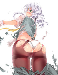 Rule 34 | 10s, 1girl, absurdres, ass, black pantyhose, from below, gloves, green eyes, highres, kantai collection, long hair, looking at viewer, maaboo (asuka1026), nowaki (kancolle), panties, pantyhose, parted lips, school uniform, short sleeves, silver hair, solo, thighs, torn clothes, torn pantyhose, underwear, white gloves, white panties