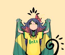 Rule 34 | 1girl, absurdres, brazilian flag, closed eyes, closed mouth, colored skin, facing up, fang, flower, green shirt, green skin, hair flower, hair ornament, highres, league of legends, lizard tail, medium hair, neeko (league of legends), purple hair, red flower, red hair, riloyoy, shirt, short sleeves, simple background, skin fang, solo, tail, upper body, yellow shirt