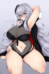 Rule 34 | 1girl, arm up, armpits, ass, azur lane, bare arms, bare shoulders, black coat, black legwear, black one-piece swimsuit, blush, breasts, cleavage, closed mouth, clothing cutout, coat, crossed bangs, curvy, feet, flower, fur-trimmed coat, fur trim, graf zeppelin (azur lane), graf zeppelin (beachside urd) (azur lane), grey background, grey hair, hair between eyes, hair flower, hair ornament, hand in own hair, jacket, jacket on shoulders, knee up, large breasts, legs, lindaroze, long hair, looking at viewer, navel, navel cutout, no shoes, no socks, one-piece swimsuit, parted lips, pink eyes, see-through, simple background, sitting, skindentation, smile, solo, swimsuit, thighs, very long hair, watermark, web address