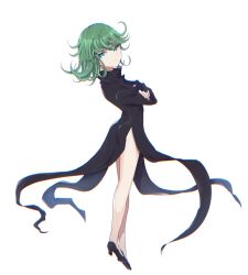 Rule 34 | 1girl, black dress, closed mouth, curly hair, dress, floating, full body, green eyes, green hair, high heels, long hair, long sleeves, looking at viewer, murata tefu, one-punch man, simple background, solo, tatsumaki, white background