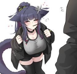 Rule 34 | 1girl, animal ears, arknights, black shirt, black shorts, black thighhighs, breasts, cat ears, cat girl, cat tail, clenched hands, closed eyes, food, food in mouth, grey jacket, heart, highres, jacket, jessica (arknights), jessica the liberated (arknights), k0ng, knees together feet apart, large breasts, long hair, mouth hold, pocky, pocky day, pocky in mouth, ponytail, shirt, shorts, sweatdrop, tail, thighhighs, white background