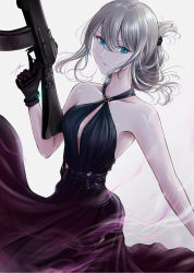 Rule 34 | 1girl, alternate hairstyle, an-94, an-94 (girls&#039; frontline), an-94 (silent rouge) (girls&#039; frontline), assault rifle, bare shoulders, black dress, black gloves, blue eyes, breasts, closed mouth, collarbone, dress, earrings, filha, girls&#039; frontline, gloves, grey hair, gun, hair ornament, highres, holding, holding gun, holding weapon, jewelry, kalashnikov rifle, lips, long hair, looking at viewer, official alternate costume, rifle, small breasts, solo, standing, weapon, white background